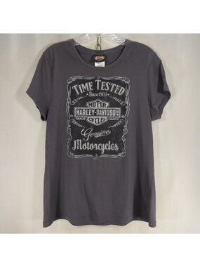 Harley Davidson Womens L Grey Time Tested Whiskey Label T-Shirt Lynchburg TN